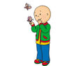 Caillou wearing a red and green jacket and jeans while seeing butterflies