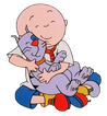 Caillou with a gray shirt, holding Gilbert