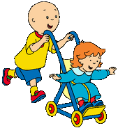 Rosie in a stroller, being pushed by Caillou
