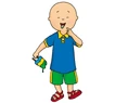 Caillou with a blue shirt and green pants while eating popsicle