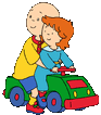 Caillou and Rosie playing on a toy car.