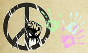 Peace sign, raised fist and colourful handprints