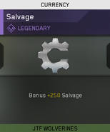 Salvage being unlocked from levelling up the JTF Wolverines Mission Team in Legendary quality.