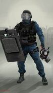 Concept art of a GIGN soldier with a Gas Mask and a Riot Shield.