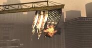 The burning American flag hanging over the map.