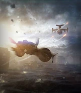 Datamined menu preview showcasing a flooded city with a VTOL under attack.