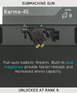 Karma-45 Unlock Card IW.png (69 KB) The Karma-45 being unlocked in multiplayer