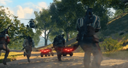 Scarlett Rhodes, Bruno Delacroix, Edward Richtofen and "Firebreak" are both entering the ATV. Note the MH-6 Little Bird is driving towards the ATV.