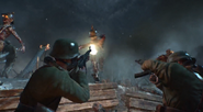 Soldiers firing their STG-44s at an incoming zombie horde.