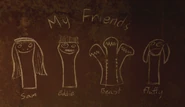 A drawing done by Pablo Marinus, detailing his "friends" - Samantha Maxis, Primis Richtofen, a Margwa, and Fluffy.