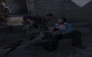 A Russian Loyalist rebel helping a civilian.