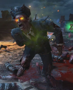 An example of a zombie affected by Brain Rot. Note the green-hue in the eyes and the green smog around the zombie.