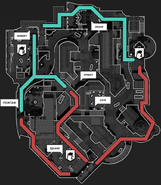 An overview of the map. Note that this is an incorrect map of Domination on Piazza, as B and A should be swapped around.