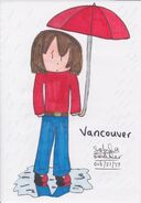 Vancouver standing in the rain, carrying an umbrella and gazing into a puddle.