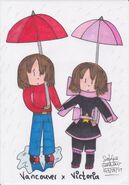 Victoria and Vancouver standing in the rain and carrying umbrellas.