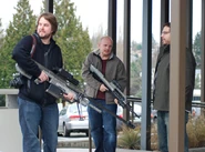 Bungie employees "hunting cougars" outside the studio building with WETA-made replica weapons.