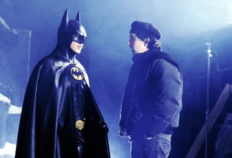 Star Micheal Keaton (right) and director Tim Burton (left) during the filming of Batman Returns.