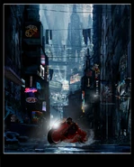 Art of a dark scene with Akira's motorcycle.