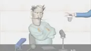 Partially animated shot from the original ending with Bowler Hat Guy in a straightjacket.