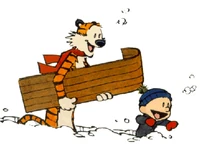 Calvin and Hobbes with the toboggan, as seen on the front of .