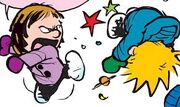 Susie kicking Calvin after he hits her with a snowball.