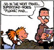 Calvin's Dad reading "Supertoad" to Calvin as a bedtime story.