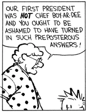 Miss Wormwood calls out Calvin for answering a history test question incorrectly.