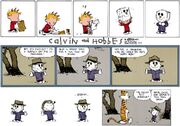 Calvin tries to trick snow into coming down by dressing as a snowman.