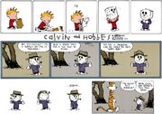 Calvin tries to trick snow into coming down by dressing as a snowman.