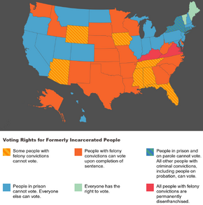 US map of felony disfranchisement laws by state