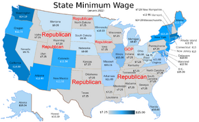 Map of US minimum wage by state