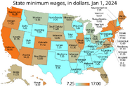 Map of US minimum wage by state