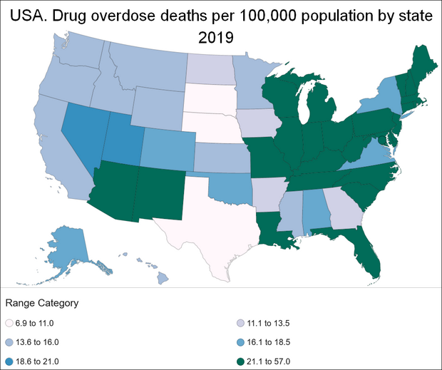 US map of drug overdose deaths per 100,000 population by state