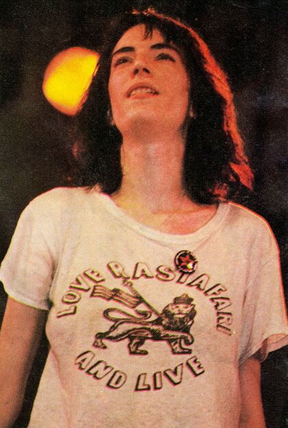 Patti Smith 1976 July 9 Central Park concert with Yippie cannabis flag pin