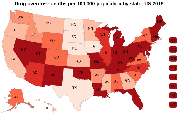 US map of drug overdose deaths per 100,000 population by state