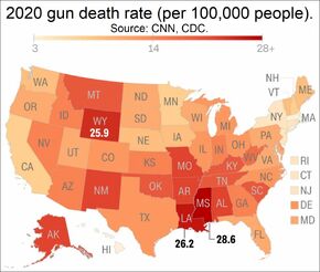 US 2020 gun death rate map by state