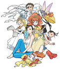 Jin with (clockwise from him) Princess Tiara with Variel, Ibuki, Effie, Chun-Li and Devilotte. Art by Kinu Nishimura.