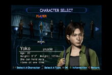 Yoko's select screen with character stats and abilities.