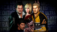 Promotional art of Dead Rising 3 DLC group (with Frank, Annie, Chuck and a zombie with M. Bison's hat).