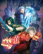 Devil May Cry 5 illustration featuring Nero, V and Dante on the foreground. On the background are Trish, Nico and Lady. Art by Daigo Ikeno.