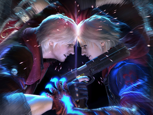 Promotional art of Dante versus Nero.