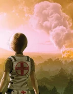 Rebecca watching the ruins of the Umbrella Executive Training Center from afar on July 23, 1998.