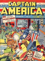 The front page of the first Captain America comic depicts Captain America punching Adolf Hitler in the jaw. A Nazi soldier's bullet deflects from Captain America's shield, while Adolf Hitler falls onto a map of the United States of America and a document reading 'Sabotage plans for U.S