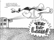 Captain Underpants with is new super powers flies out with instead of running