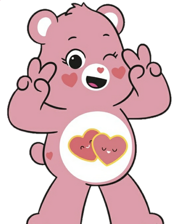 pink care bear with 2 hearts