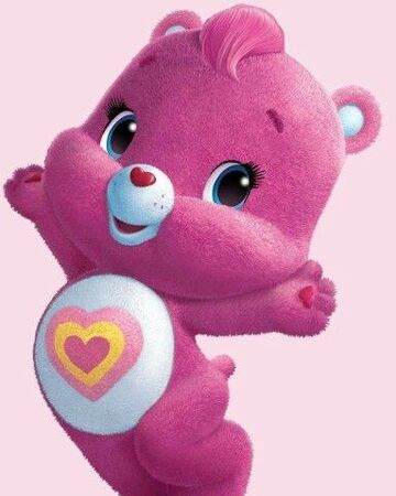 pink care bear with 2 hearts