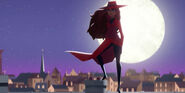 Carmen Sandiego stands on roof