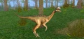 An Oviraptor in Vengar Fjords with a pack of Coelophysis in the background.