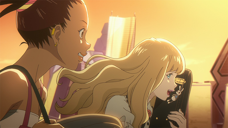 Cena do anime Carole & Tuesday com legendas em português e inglês