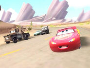 Lightning vs. Mater, Flo, and Sarge